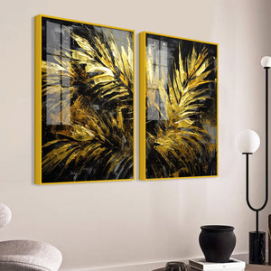 Premium Black and Shiny Gold Palm Leaves Acrylic Floating Wall Painting Set Of 2