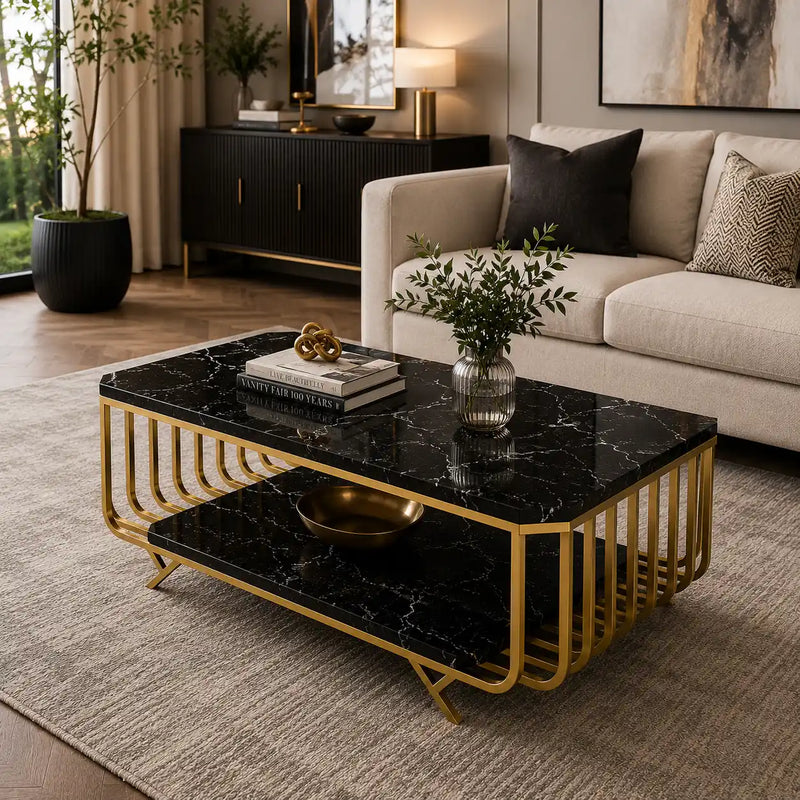 Premium Black Marble Top Center Table With Storage