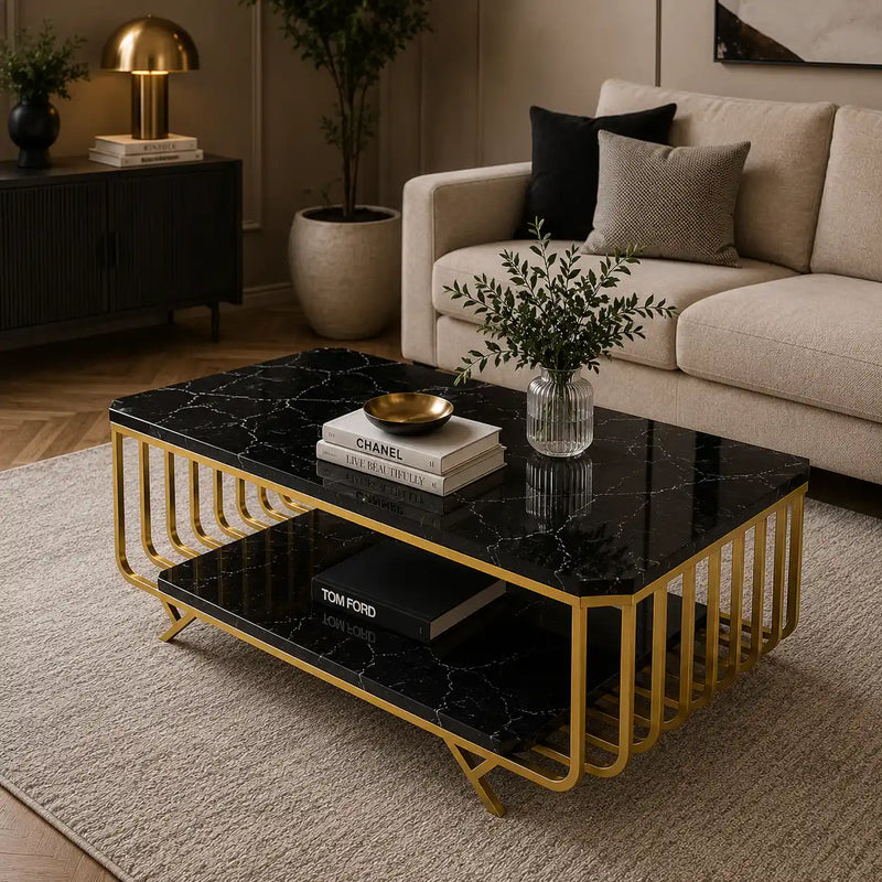 Premium Black Marble Top Center Table With Storage