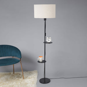 Premium Black Metal Finish Beige Color Floor Lamp with 2 Storage Shelf