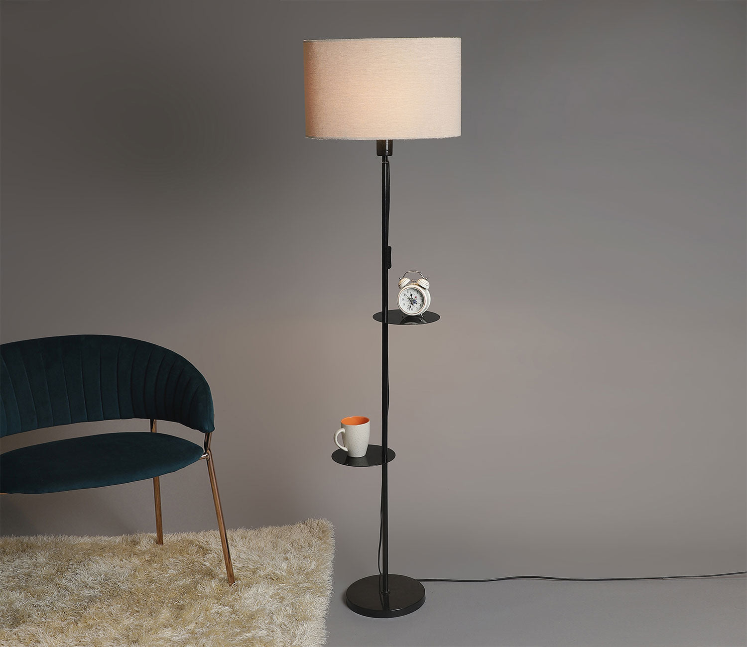 Premium Black Metal Finish Beige Color Floor Lamp with 2 Storage Shelf