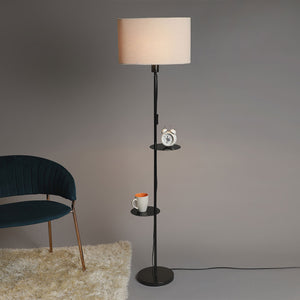 Premium Black Metal Finish Beige Color Floor Lamp with 2 Storage Shelf