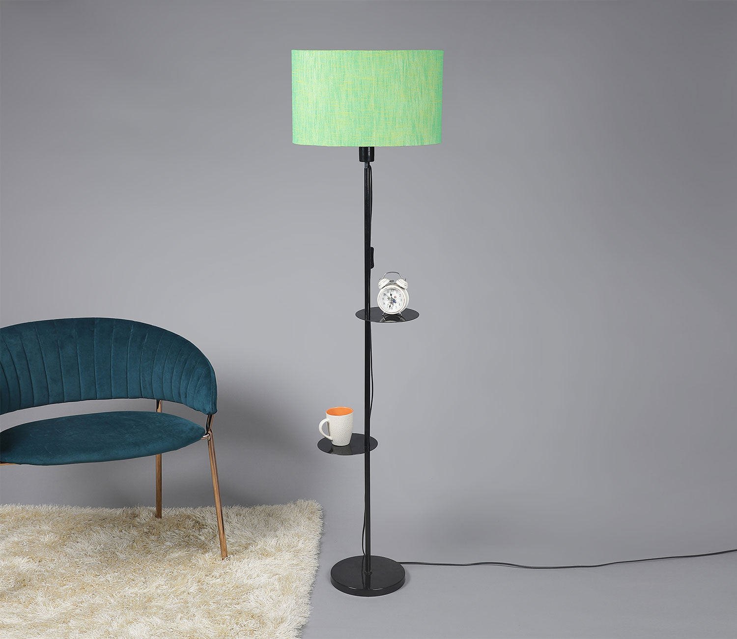 Premium Black Metal Finish Green Color Floor Lamp with 2 Storage Shelf