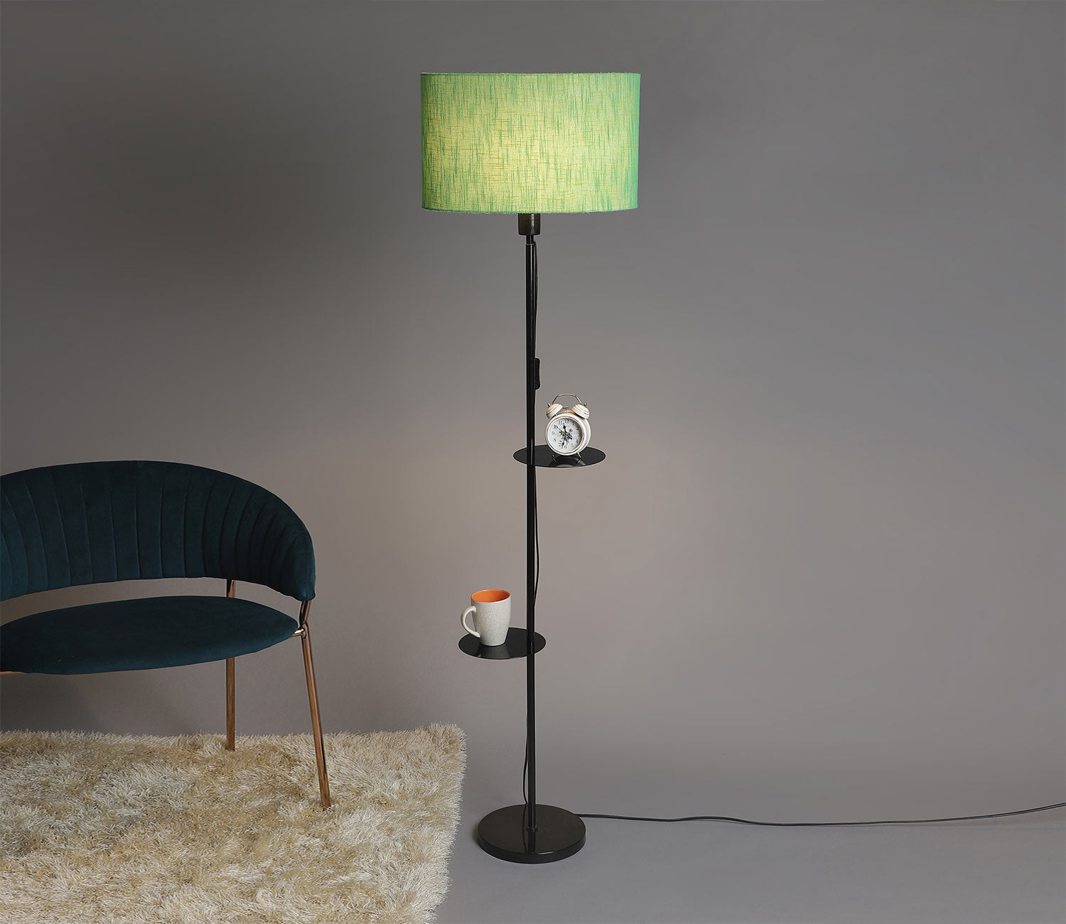 Premium Black Metal Finish Green Color Floor Lamp with 2 Storage Shelf