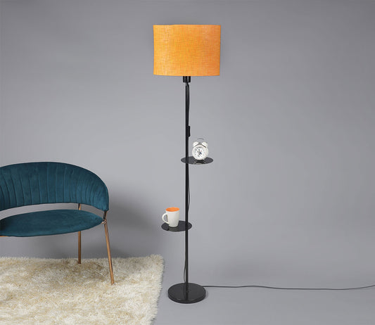 Premium Black Metal Finish Orange Color Floor Lamp with 2 Storage Shelf