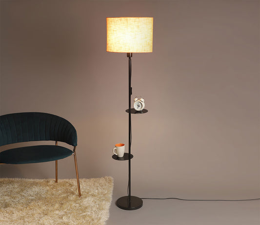 Premium Black Metal Finish Orange Color Floor Lamp with 2 Storage Shelf