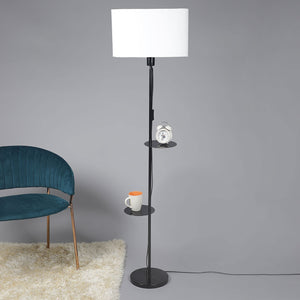 Premium Black Metal Finish White Color Floor Lamp with 2 Storage Shelf