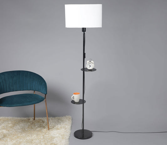 Premium Black Metal Finish White Color Floor Lamp with 2 Storage Shelf