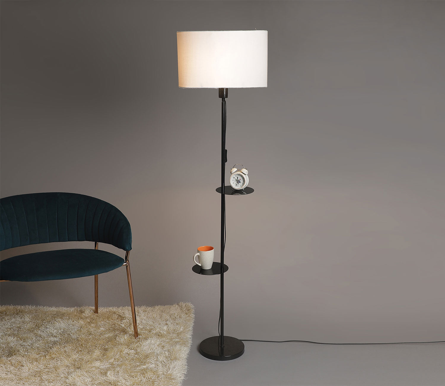 Premium Black Metal Finish White Color Floor Lamp with 2 Storage Shelf