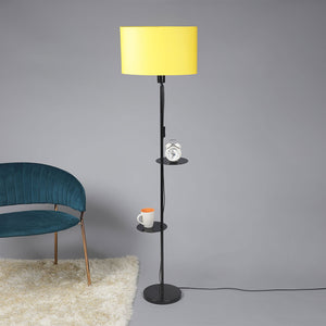 Premium Black Metal Finish Yellow Color Floor Lamp with 2 Storage Shelf