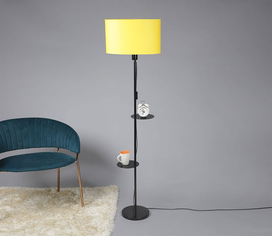 Premium Black Metal Finish Yellow Color Floor Lamp with 2 Storage Shelf