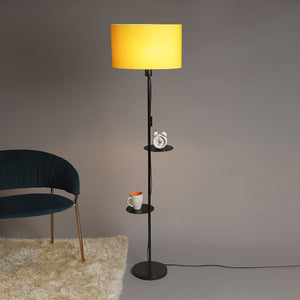 Premium Black Metal Finish Yellow Color Floor Lamp with 2 Storage Shelf