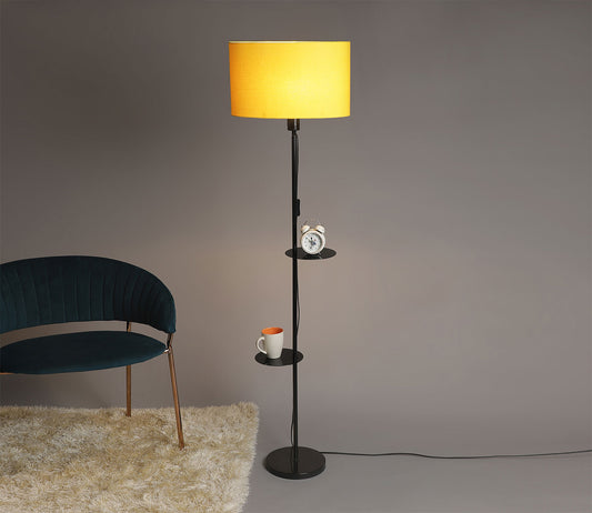 Premium Black Metal Finish Yellow Color Floor Lamp with 2 Storage Shelf