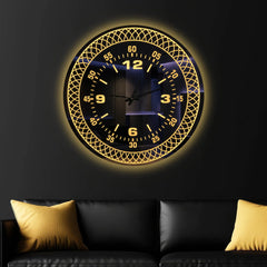 Premium Black Mirror LED Wall Clock with Decorative Geometric Pattern