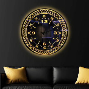 Premium Black Mirror LED Wall Clock with Decorative Geometric Pattern