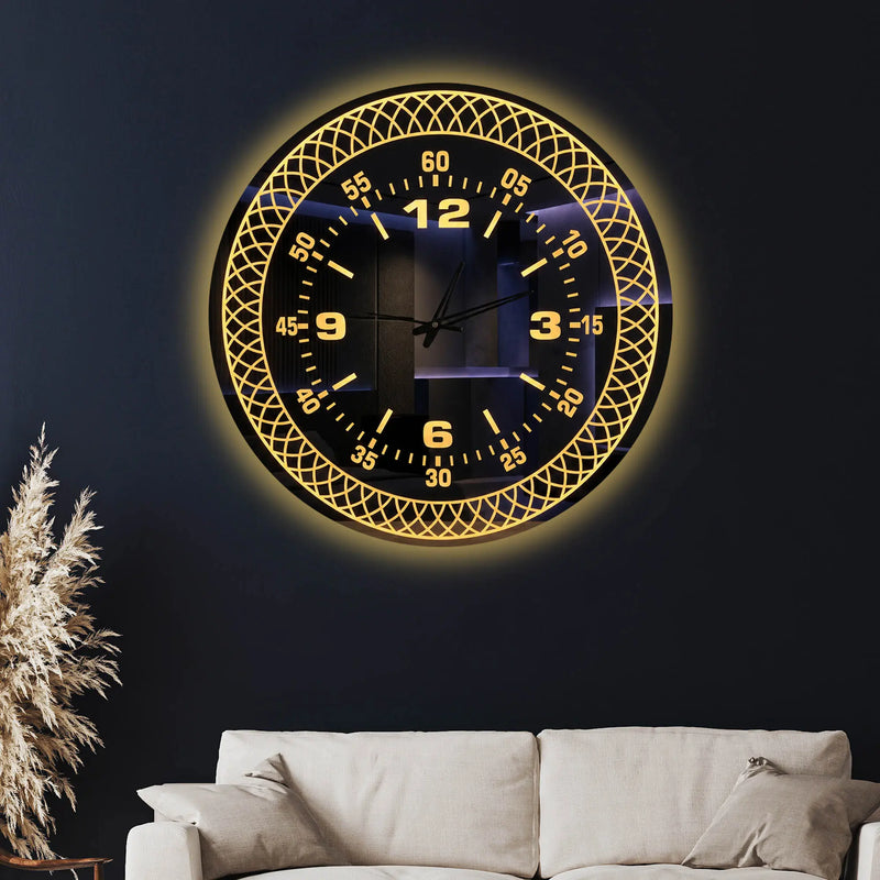 Premium Black Mirror LED Wall Clock with Decorative Geometric Pattern