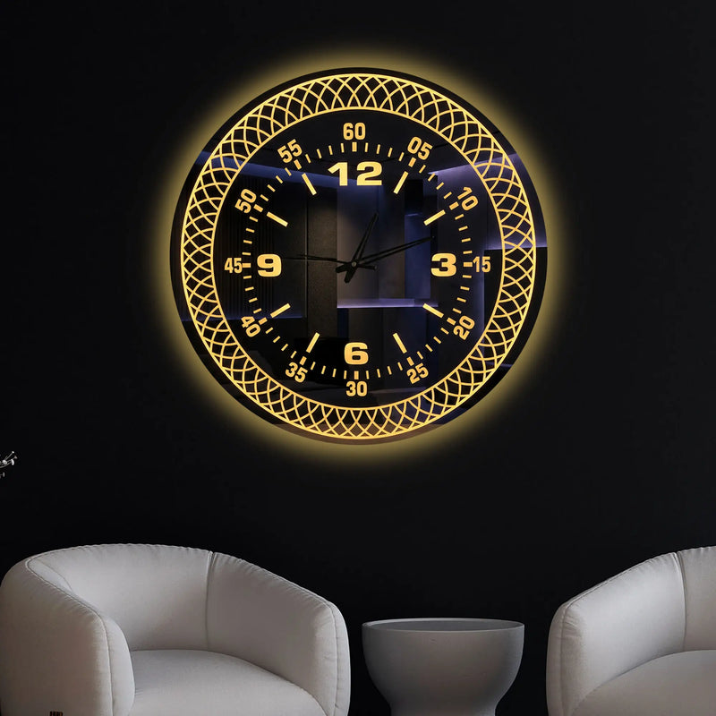 Premium Black Mirror LED Wall Clock with Decorative Geometric Pattern