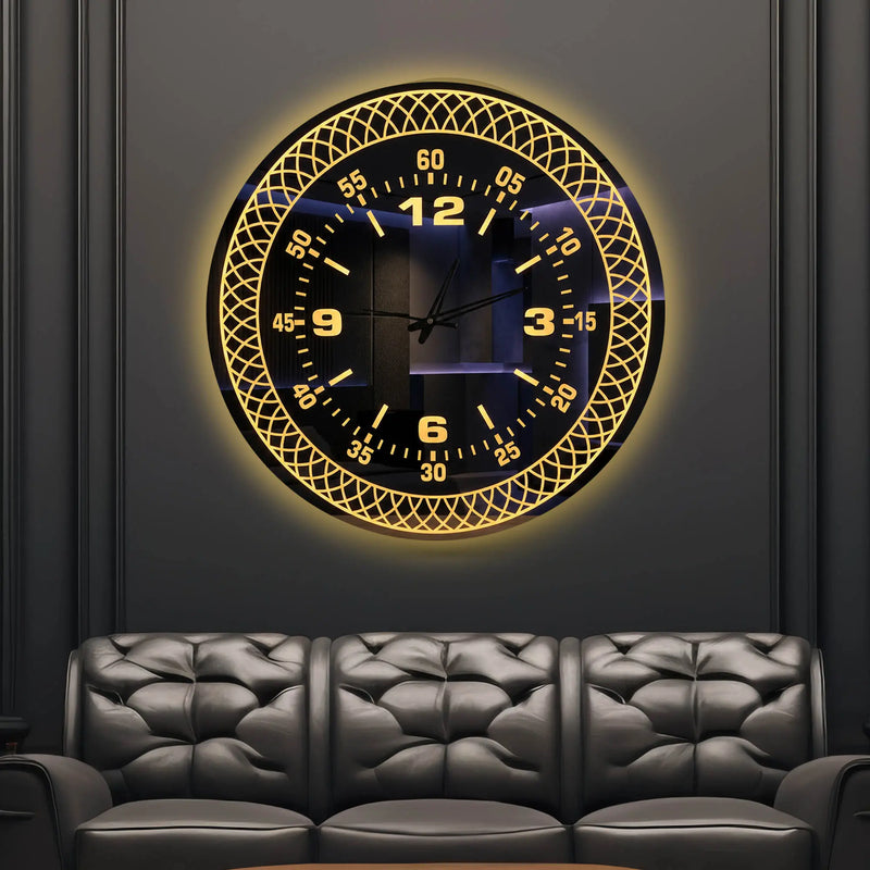 Premium Black Mirror LED Wall Clock with Decorative Geometric Pattern