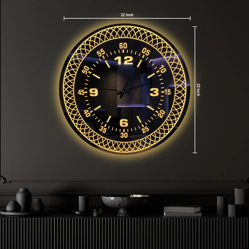 Premium Black Mirror LED Wall Clock with Decorative Geometric Pattern