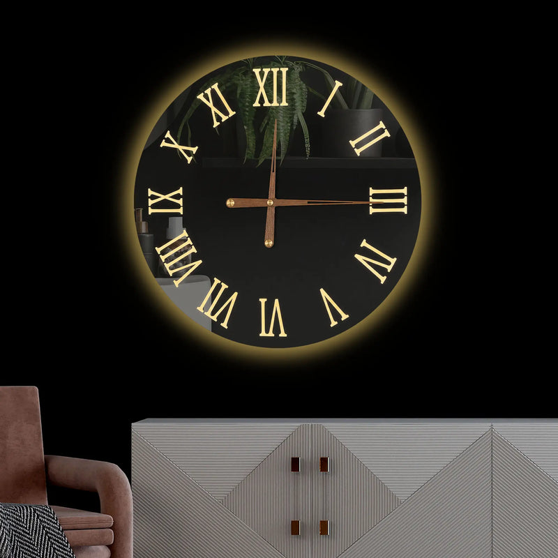 Premium Black Mirror LED Wall Clock with Elegant Roman Numerals
