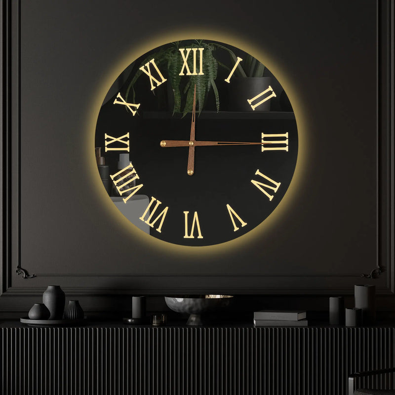 Premium Black Mirror LED Wall Clock with Elegant Roman Numerals