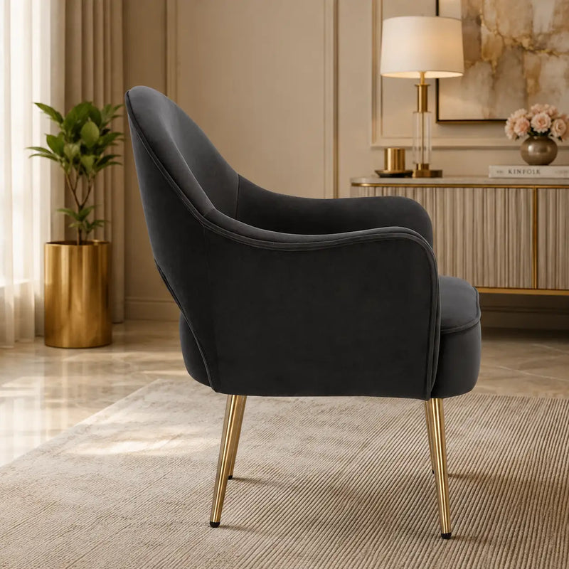 Premium Black Velvet Accent Chair with Curved Open Back & Golden Metal Legs