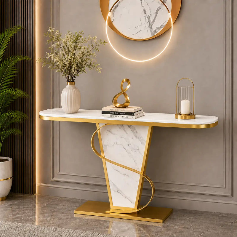 Premium Bold Marble Console Table with Artistic Twisting Gold Frame