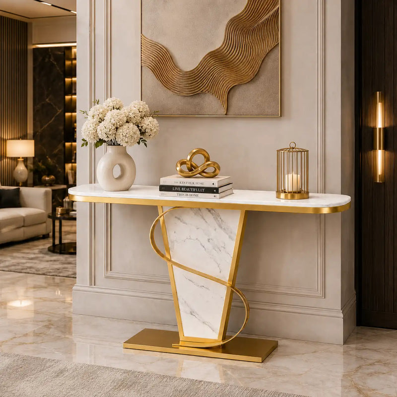 Premium Bold Marble Console Table with Artistic Twisting Gold Frame