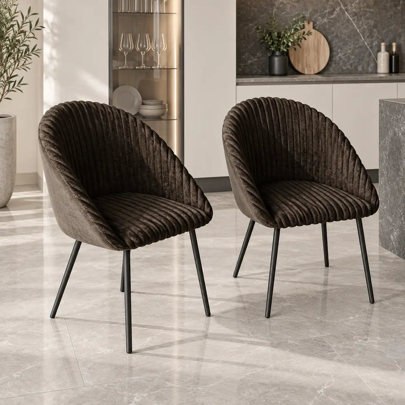 Premium Brown Velvet Dining Chair with Ribbed Back & Black Metal Legs