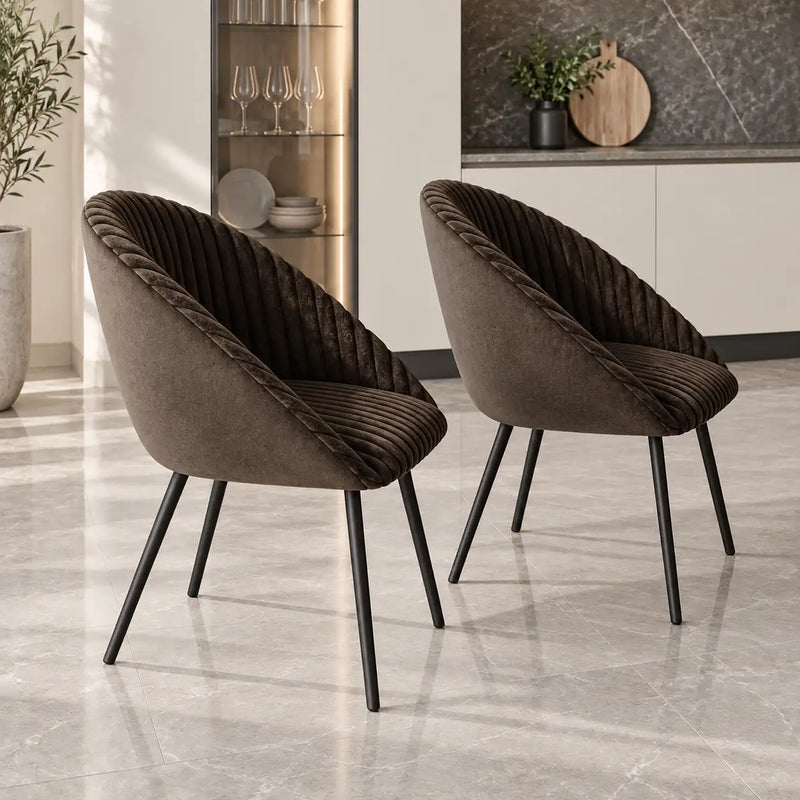 Premium Brown Velvet Dining Chair with Ribbed Back & Black Metal Legs
