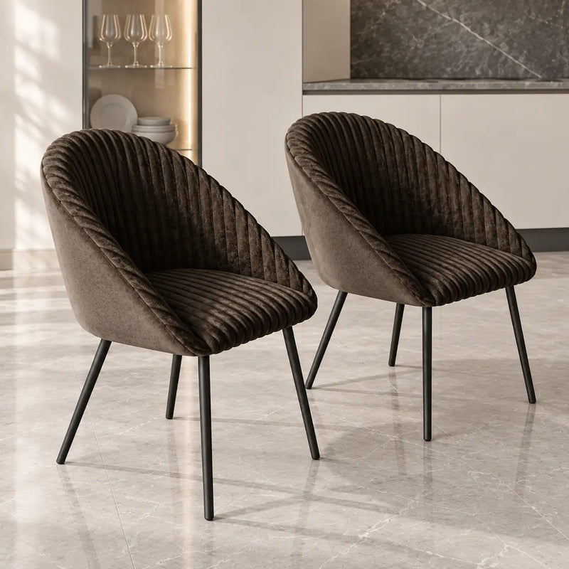 Premium Brown Velvet Dining Chair with Ribbed Back & Black Metal Legs