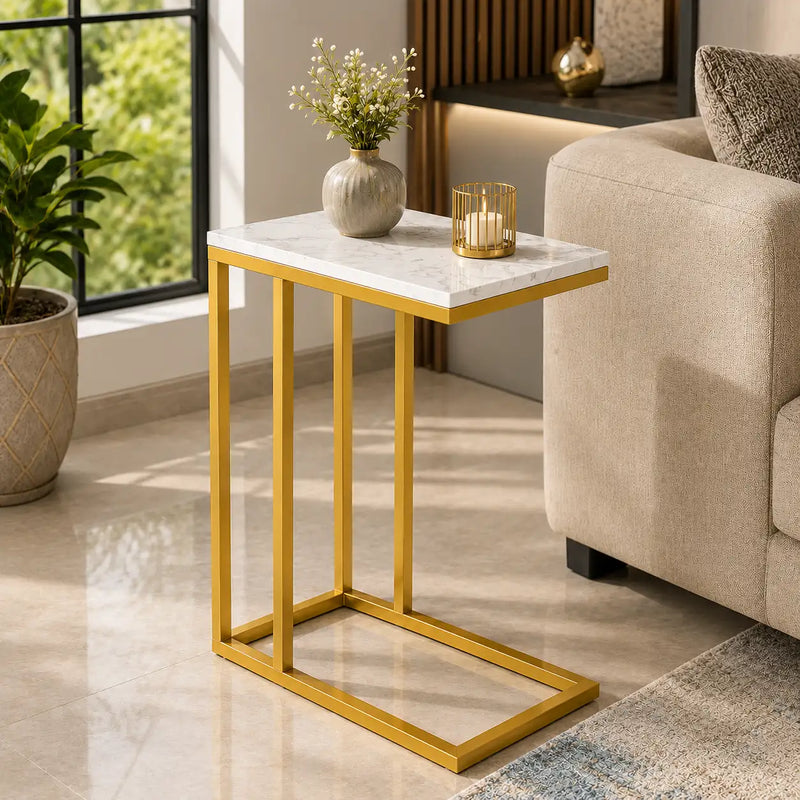 Premium C-Shaped White Marble Designer Side Table