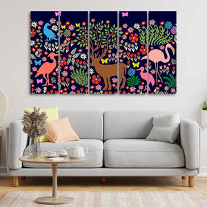 Premium Canvas Folk Art Painting of Animals in Dark Forest Set of Five