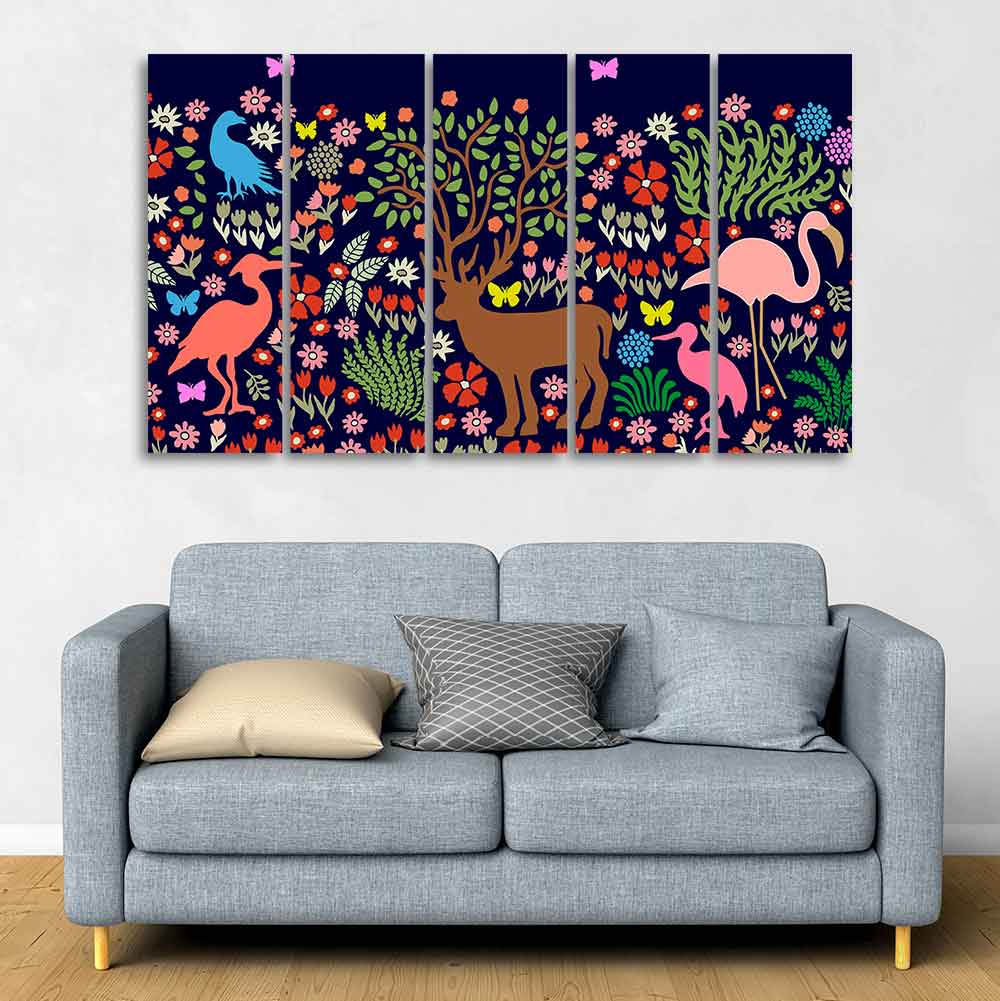 Premium Canvas Folk Art Painting of Animals in Dark Forest Set of Five