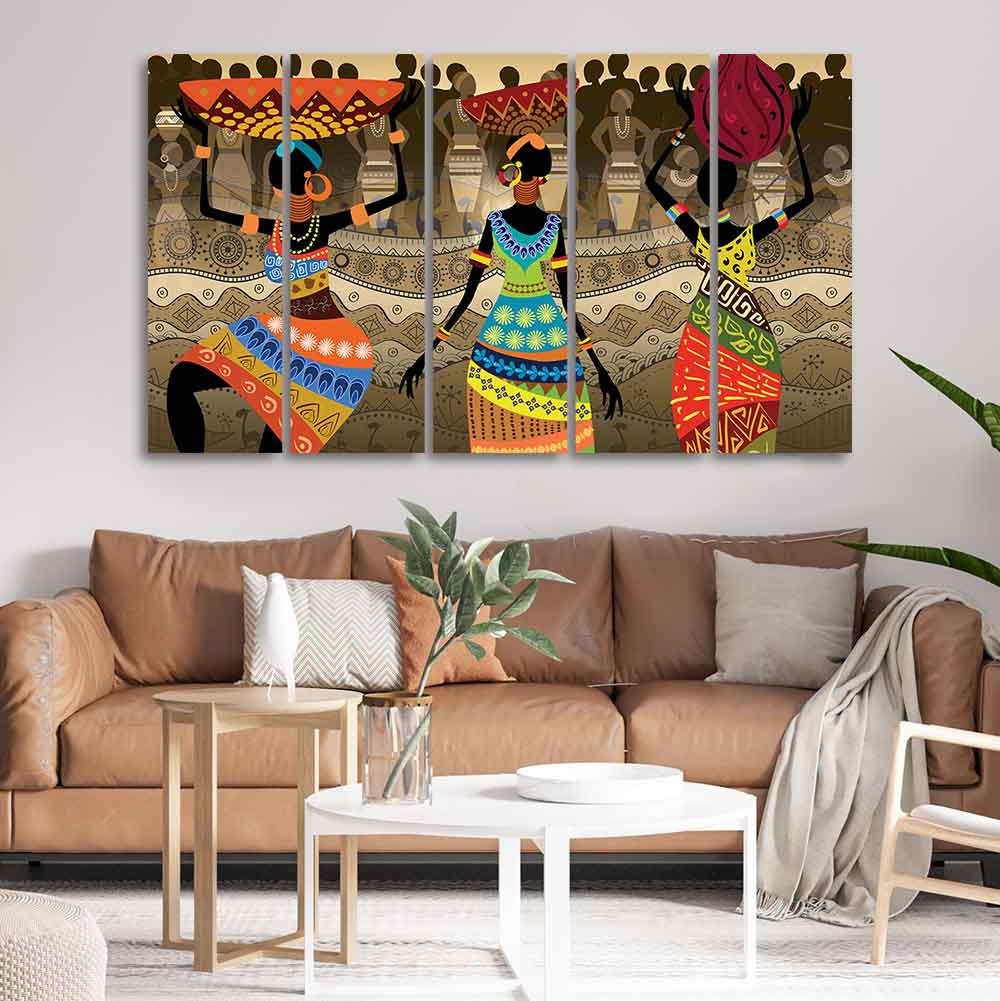 Premium Canvas Wall Painting of African Warli Art Set of Five