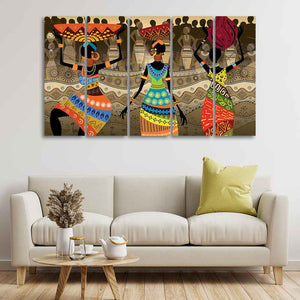 Premium Canvas Wall Painting of African Warli Art Set of Five