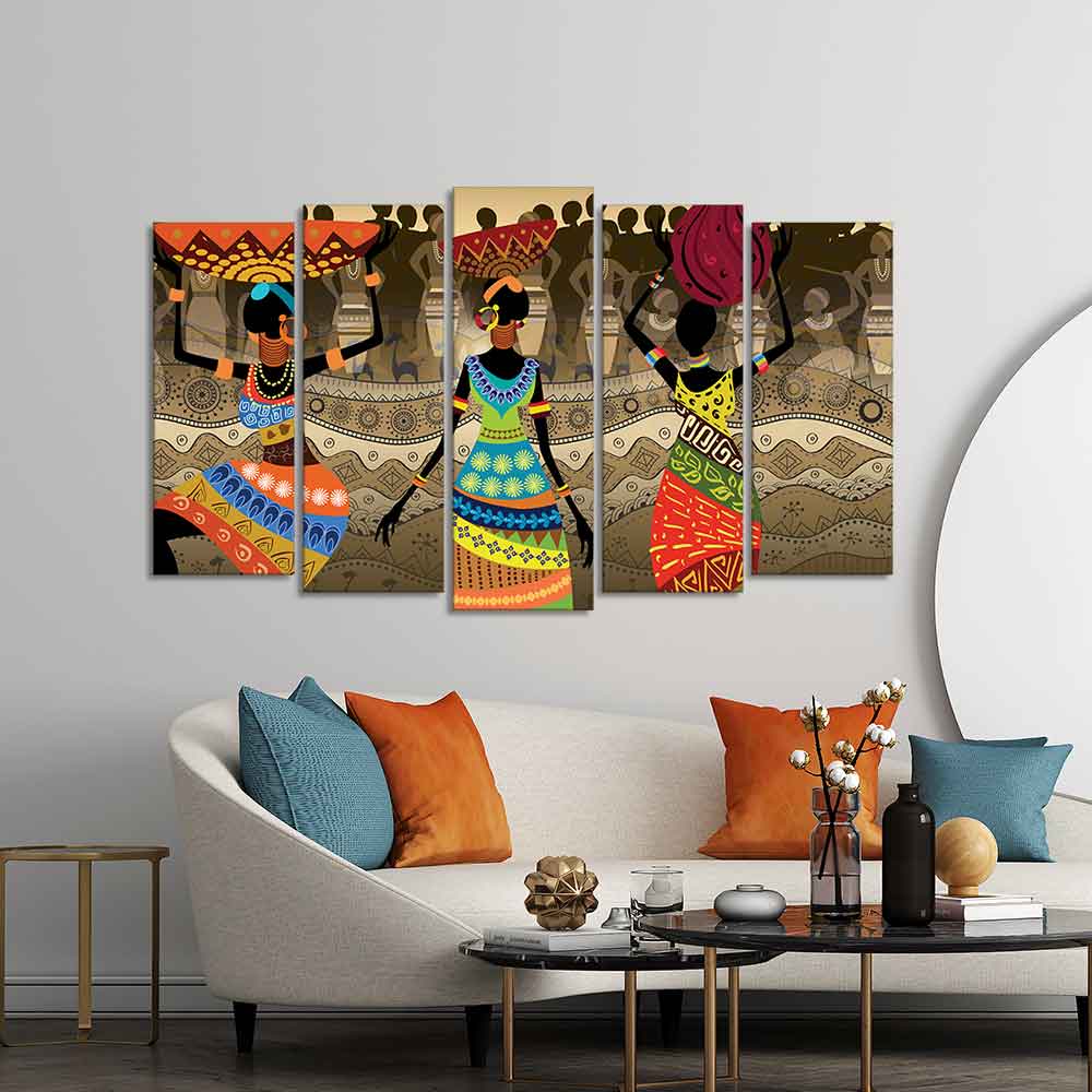 Premium Canvas Wall Painting of African Warli Art Set of Five Pieces