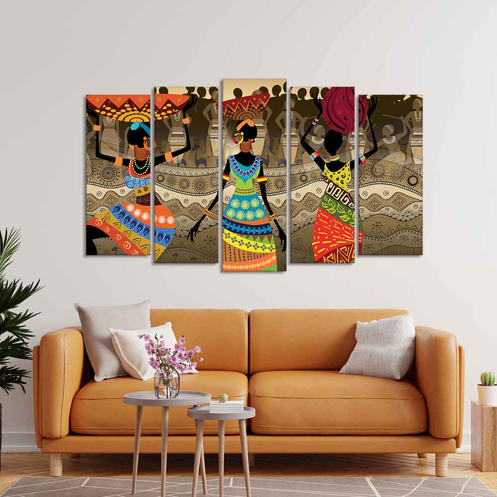 Premium Canvas Wall Painting of African Warli Art Set of Five Pieces