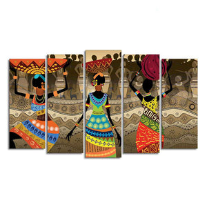 Premium Canvas Wall Painting of African Warli Art Set of Five Pieces