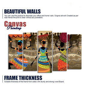 Premium Canvas Wall Painting of African Warli Art Set of Five Pieces