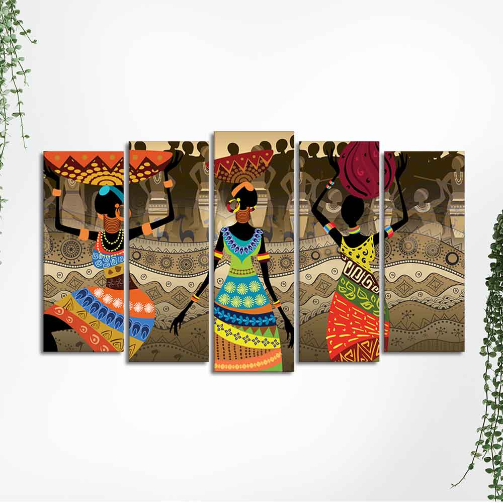 Premium Canvas Wall Painting of African Warli Art Set of Five Pieces