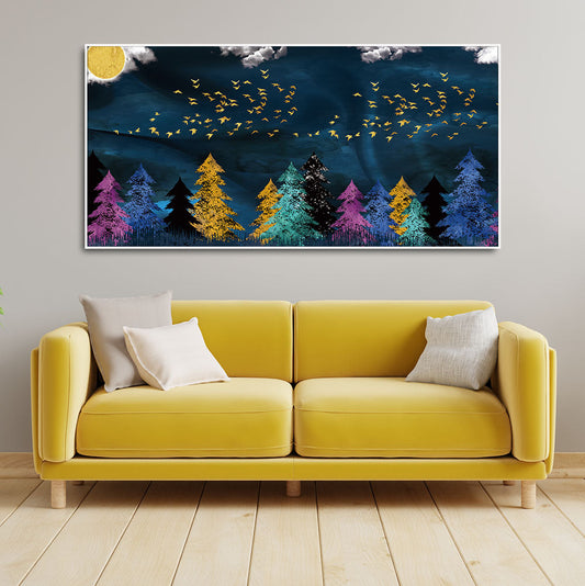 Premium Canvas Wall Painting of Golden Birds Flying over The Dark Forest