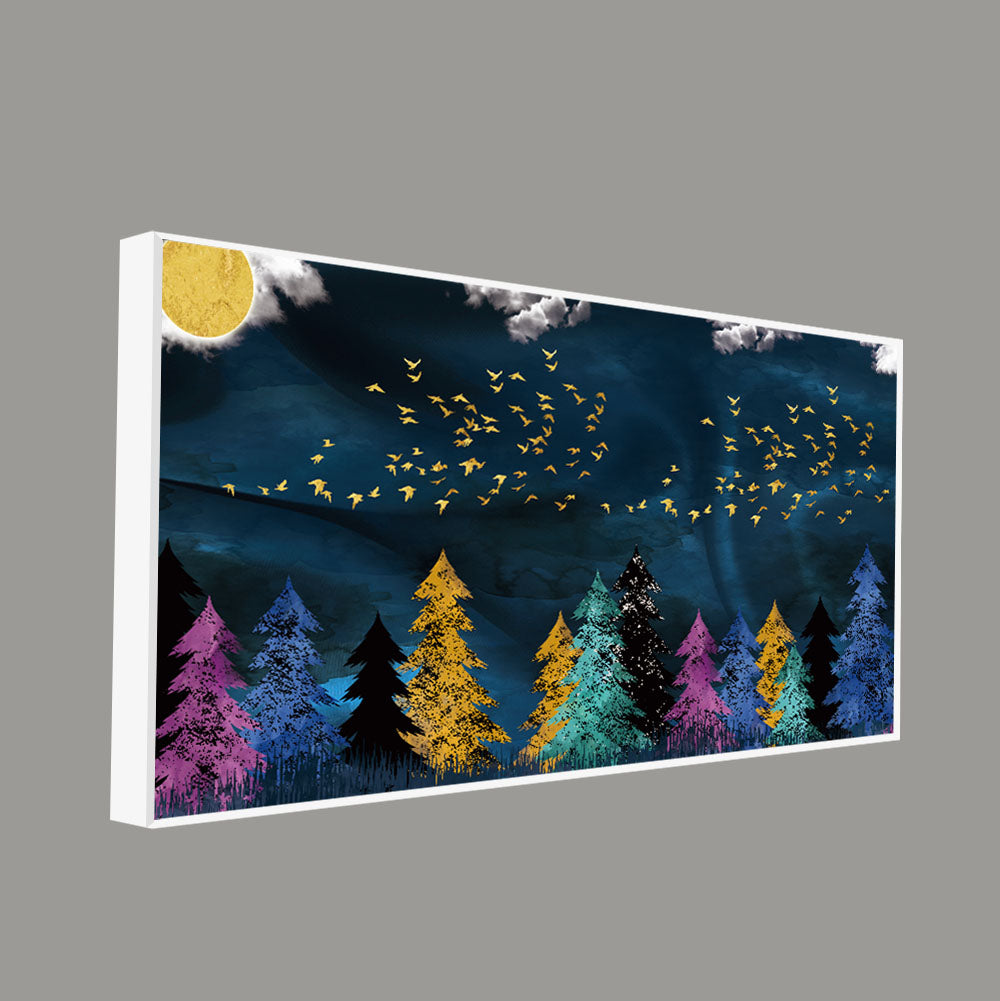 Premium Canvas Wall Painting of Golden Birds Flying over The Dark Forest