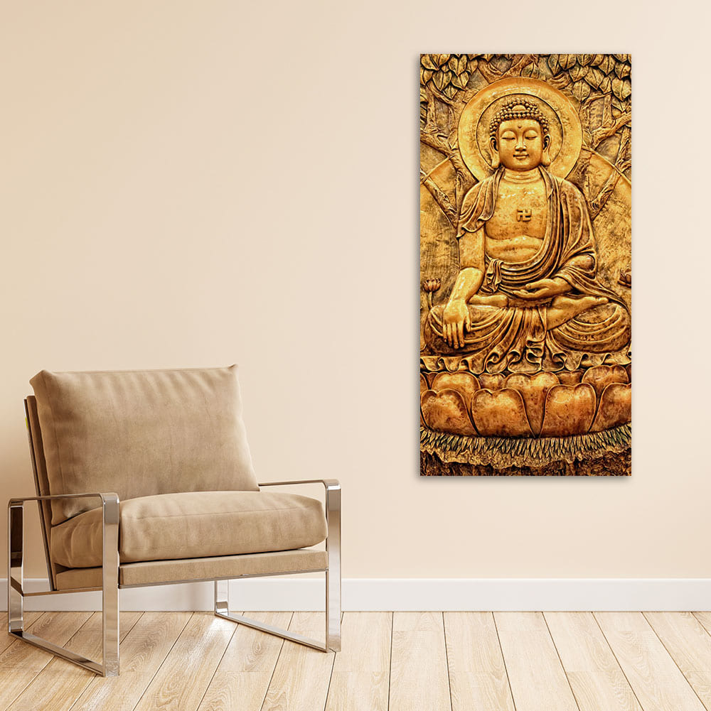 Premium Canvas Wall Painting of Golden Lord Buddha Sculpture