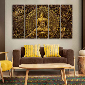 Premium Canvas Wall Painting of Lord Gautam Buddha of Five Pieces