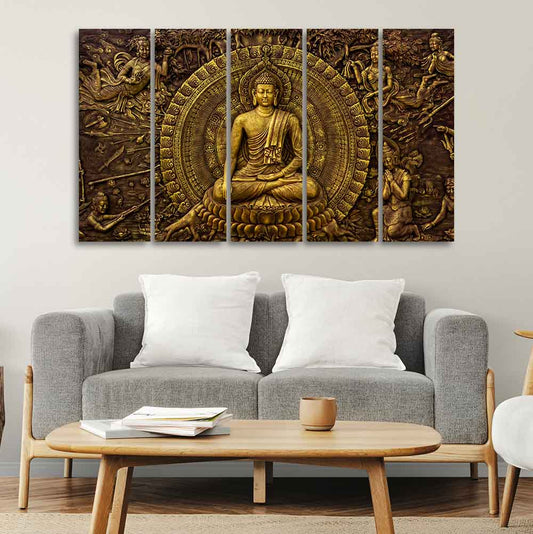 Premium Canvas Wall Painting of Lord Gautam Buddha of Five Pieces