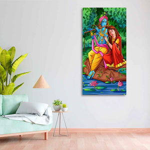 Premium Canvas Wall Painting of Lord Krishna with Radha Sitting in Forest