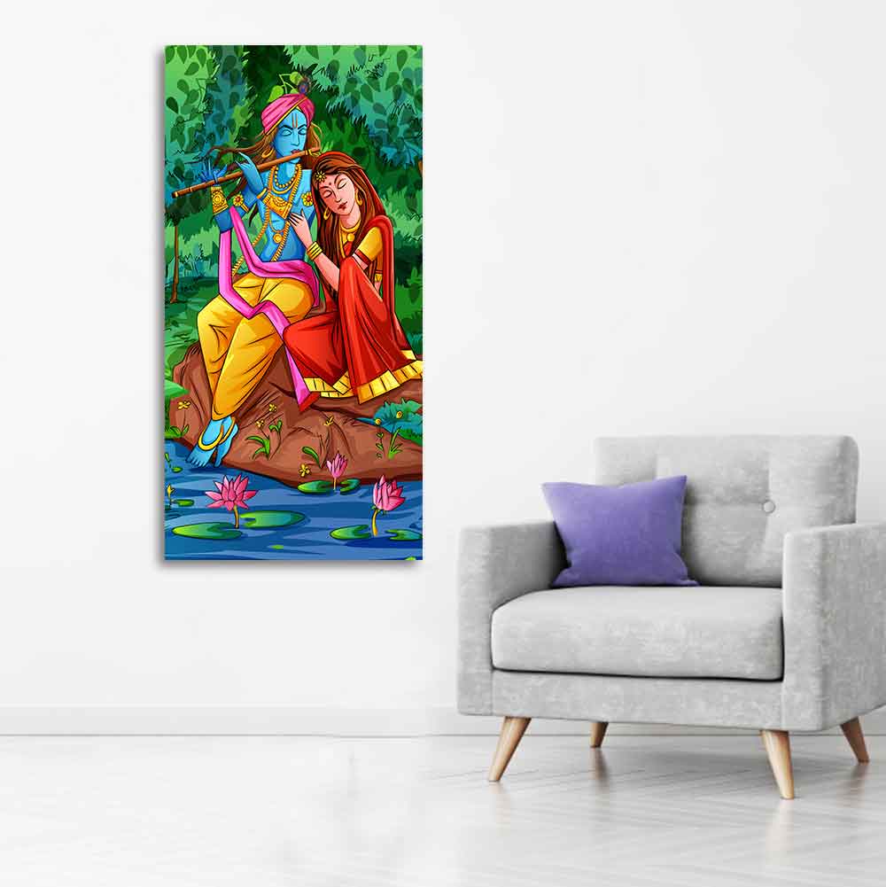 Premium Canvas Wall Painting of Lord Krishna with Radha Sitting in Forest