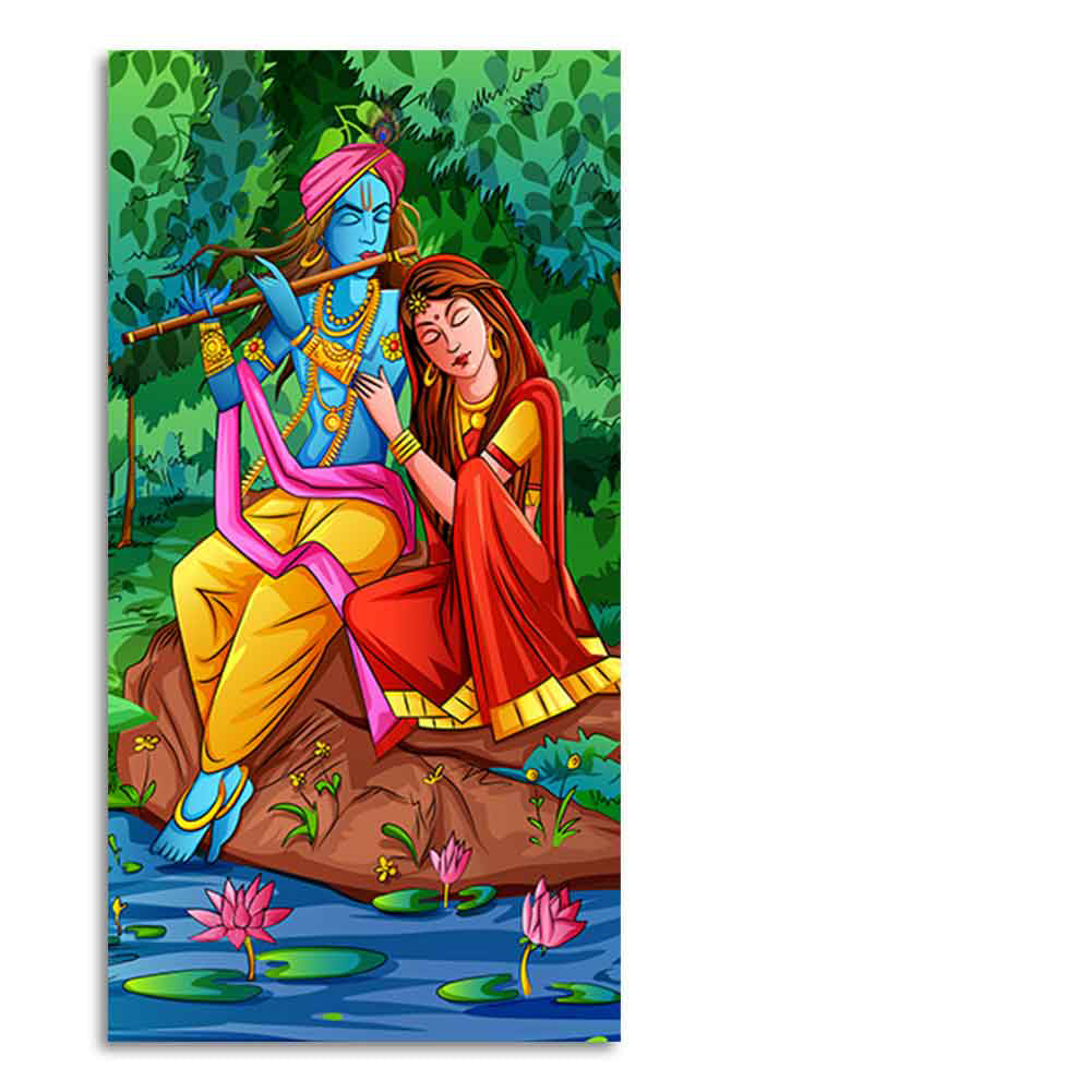 Premium Canvas Wall Painting of Lord Krishna with Radha Sitting in Forest