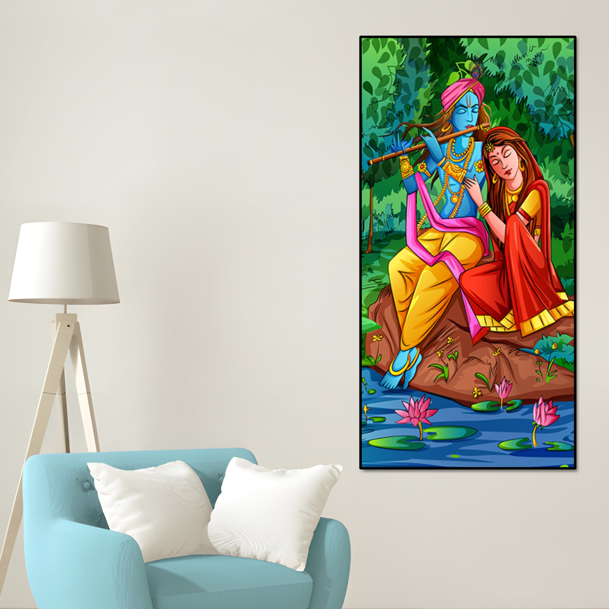 Premium Canvas Wall Painting of Lord Krishna with Radha Sitting in Forest